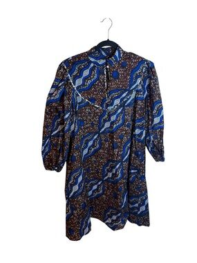 Royal Native Brown and Blue Funky Wax Print Long Sleeve Shift Dress